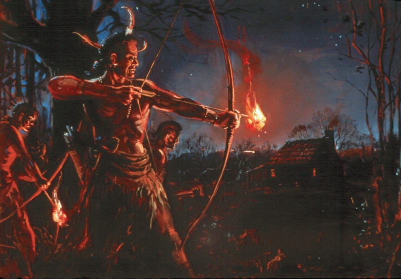 Powhatan Indian using fire arrows on town